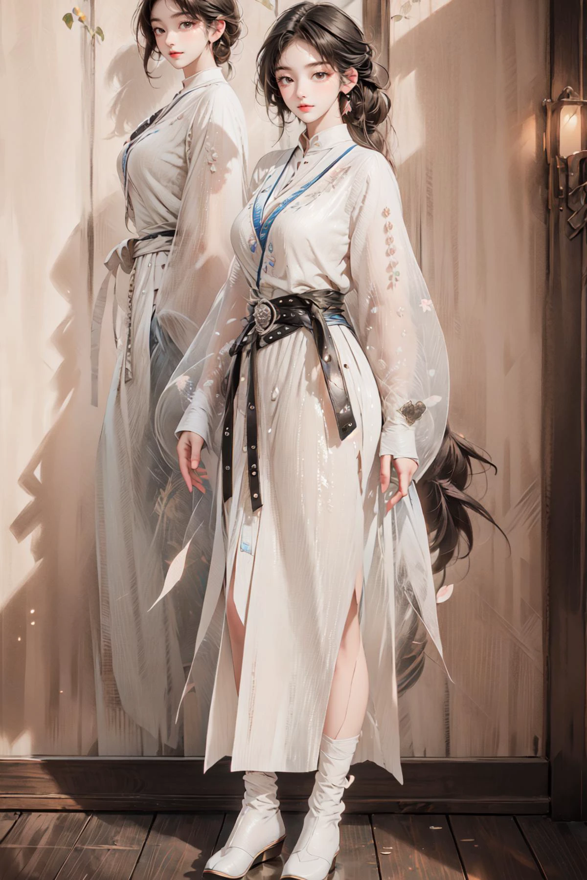 <lora:Lithe Feathers outfit:0.75>,
((shadow, standing, Lithe Feathers outfit, cherry blossoms, holding a long fan,)):1.22, ((fighting smile, outdoors, flowers, cozy, wind)),
BREAK 1girl, ((young woman, adorable, clear face, young face, solo)), (((full body))):1.34, (milky skin, curvy body, slender body, idol vibe), (long bow hairs, multicolor white pink hairs):1.3,
BREAK soft light, cinematic lighting, detailed(shadow, glow),
BREAK <lora:add_detail:0.45>, extremely detailed, CG, finely detailed, (masterpiece, best quality):2.0, ((photorealistic:1.15)),
BREAK <lora:uber_saggy2:0.68>, saggy, sagging_breasts, ((huge breasts)), <lora:Front face lighting åé¢ã©ã¤ãã¢ãã v2:0.4>, <lora:GoodHands-vanilla:0.72>,