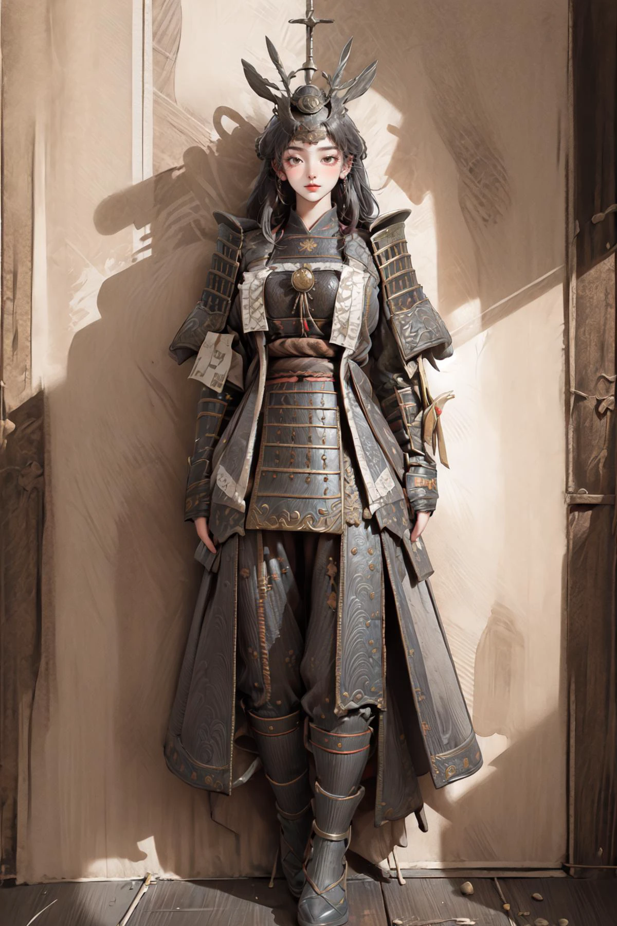 <lora:Lion samurai outfit:0.75>,
((shadow, standing, lion samurai outfit, helmet,cherry blossoms, holding a long katana, a long sword,)):1.22, ((fighting smile, outdoors, flowers, cozy)),
BREAK 1girl, ((young woman, adorable, clear face, young face, solo)), (((full body))):1.34, (milky skin, curvy body, slender body, idol vibe), (long bow hairs, multicolor blonde blue hairs):1.2,
BREAK soft light, cinematic lighting, detailed(shadow, glow),
BREAK <lora:add_detail:0.45>, extremely detailed, CG, finely detailed, (masterpiece, best quality):2.0, ((photorealistic:1.15)),
BREAK <lora:uber_saggy2:0.68>, saggy, sagging_breasts, ((huge breasts)), <lora:Front face lighting åé¢ã©ã¤ãã¢ãã v2:0.4>, <lora:GoodHands-vanilla:0.72>,