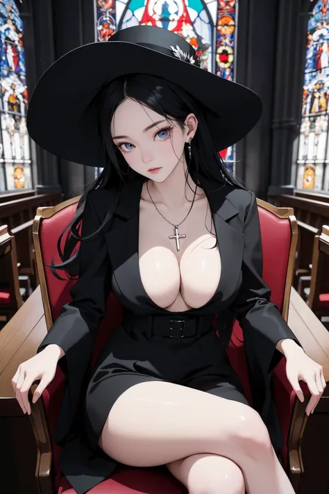 1girl, solo, sitting,crossed legs,huge breasts, long black hair,looking at viewer,jewelry,masterpiece,best quality,absurdres,ultra detailed,8k, masterpiece, best quality, finely detailed, (pale skin, alive skin), high resolution, extremely delicate and beautiful, 8k, ultra highres,(medium wide shot),(dynamic perspective),sharp focus, depth of field, extremely detailed eyes and face, beautiful detailed eyes, high_heels, (akira pose,the chair in the center, sit in a chair), (which hat), (crow, darkness), (put one's hand on a chair rack), (expressionless, cool face), (dark light through the church window), (dark cathedral), (look down from above)