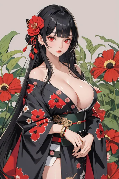 1girl, solo, japanese clothes, long hair, butterfly, pale skin, bug, black hair, kimono, hime cut, bangs, bracelet, blunt bangs, jewelry, black kimono, red eyes, (flower Theme), (garden Theme), (large breasts), cowboy shot, (alive skin)