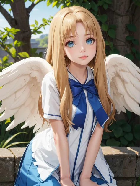 upper body,filo,1girl,solo,embarrassed,closed mouth,white wings,hite dress,blue bow,long hair,blue eyes,looking at viewer,parted bangs,bent over,arms behind back,<lora:filo2:0.9>,