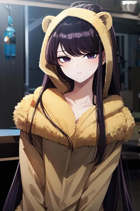 <lora:ShokoKomi_KS:0.7> ShokoKomidef, purple hair, purple eyes, long hair
masterpiece, best quality,
lion costume,