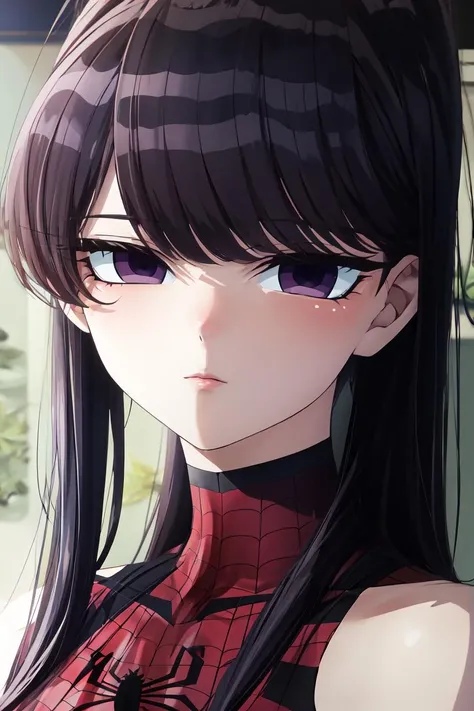 <lora:ShokoKomi_KS:0.7> ShokoKomidef, purple hair, purple eyes, long hair, upper body, 1girl
masterpiece, best quality,
<lora:attire_spider-man:0.7> spider suit, superhero,