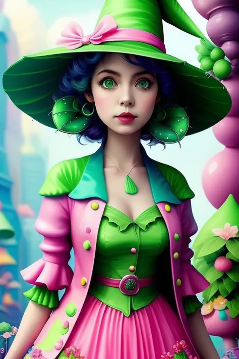 Whimsical art by Tim Burton and Artgerm, bright, colorful, and fun, sugary sweet and deliciously darling, imbued with whimsicality, oddly adorable little green witch wearing a floppy hat, surreal and quirky, award-winning cgi, Pixar Studio
