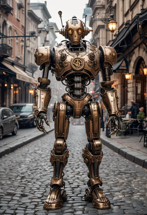 (medium full shot) of futuristic steampunk robot, steel body, with gearwork, brass mask, mechanical fingers, steam gun, located in  a bustling steampunk city, with cobblestone streets, towering clocktowers, steam-powered vehicles, and ornate street lamps, ,Masterpiece,best quality, photo, realistic, very aesthetic