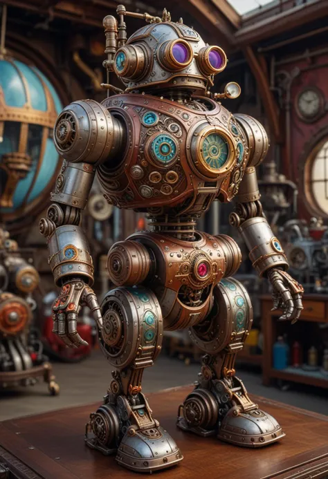 (medium full shot) of ornate steampunk robot, steel body, with equipped with goggles, helmet with intricate designs, hydraulic legs, mechanical tool, set in a vibrant airship, with colorful designs, dynamic machinery, modern tools, and eclectic decor , Masterpiece,best quality, photo, realistic, very aesthetic