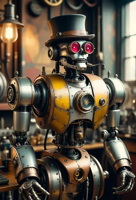 (medium full shot) of antique steampunk robot, nickel body, with equipped with brass goggles, bowler hat with cogs, hydraulic legs, clockwork device, located in a vibrant factory, with colorful machinery, dynamic assembly lines, modern tools, and eclectic decor, ,Masterpiece,best quality, photo, realistic, very aesthetic