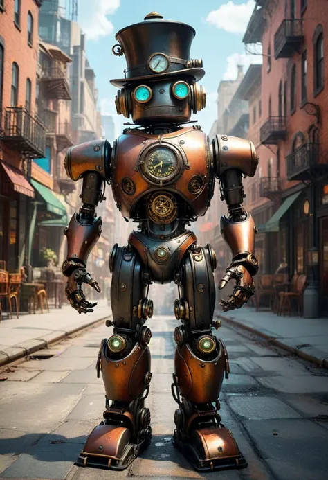 (medium full shot) of elegant steampunk robot, iron body, with pressure gauges, top hat with goggles, steam-powered arms, compass, located in  a vibrant steampunk city, with colorful facades, dynamic steam machines, modern transportation, and eclectic architecture, ,Masterpiece,best quality, photo, realistic, very aesthetic