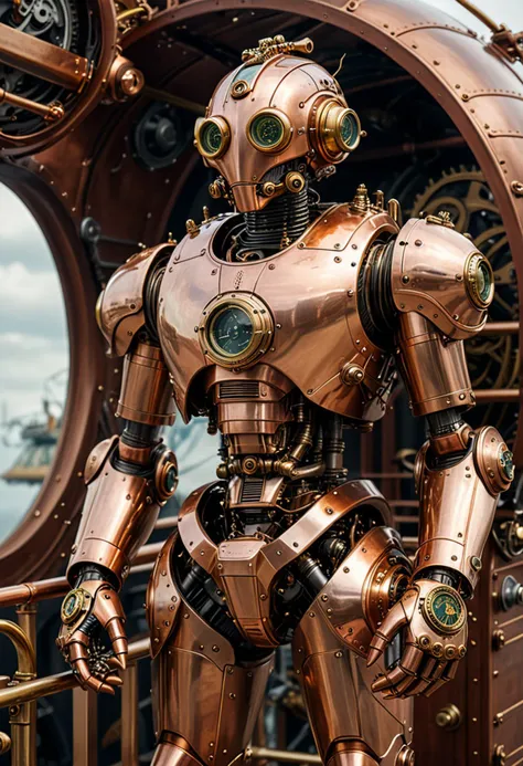 (medium full shot) of futuristic steampunk robot, copper body, with rivets, helmet with cogs, copper legs, brass pocket watch, located in  a grand airship, with brass-bound railings, intricate gearwork, large propellers, and luxurious cabins , ,Masterpiece,best quality, photo, realistic, very aesthetic,