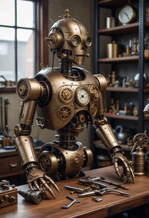 (medium full shot) of complex steampunk robot, steel body, with gearwork, helmet with intricate designs, brass arms, brass pocket watch, set in a minimalist workshop, with clean lines, organized tools, simple yet elegant workstations, and tasteful mechanical decorations, Masterpiece,best quality, photo, realistic, very aesthetic