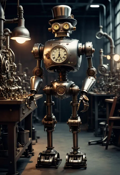 (medium full shot) of vintage steampunk robot, chrome body, with gearwork, bowler hat with cogs, hydraulic legs, brass pocket watch, located in  a minimalist factory, with clean lines, organized machinery, simple yet elegant workstations, and tasteful mechanical decorations, at night, ,Masterpiece,best quality, raw photo, realistic, very aesthetic