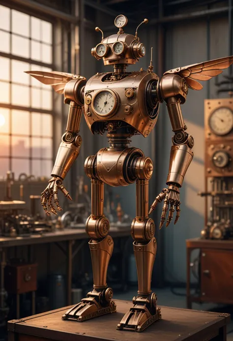 (medium full shot) of brass-bound steampunk robot, steel body, with mechanical wings, mechanical monocle, copper legs, pressure meter, set in a minimalist factory, with clean lines, organized machinery, simple yet elegant workstations, and tasteful mechanical decorations, during sunset, Masterpiece,best quality, photo, realistic, very aesthetic