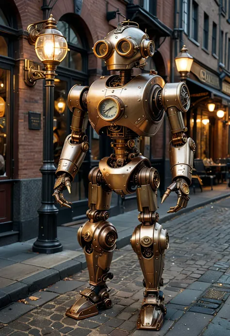 (medium full shot) of sophisticated steampunk robot, titanium body, with equipped with brass goggles, aviator cap with brass fittings, copper legs, compass, located in a classic steampunk city, offering timeless buildings, elegant street lamps, sophisticated ambiance, vintage steam-powered devices, and stylish seating, at night, ,Masterpiece,best quality, photo, realistic, very aesthetic,