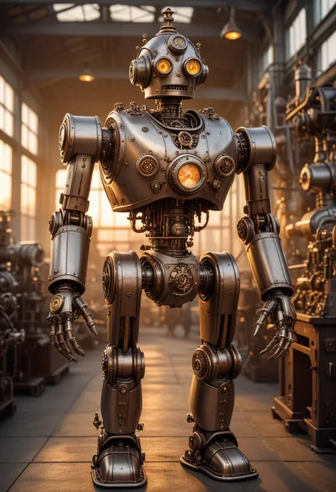 (medium full shot) of elegant steampunk robot, nickel body, with gearwork, aviator cap with brass fittings, steam-powered arms, pressure meter, set in a bustling factory, with large steam engines, intricate machinery, conveyor belts, and robotic arms, during sunset, Masterpiece,best quality, photo, realistic, very aesthetic