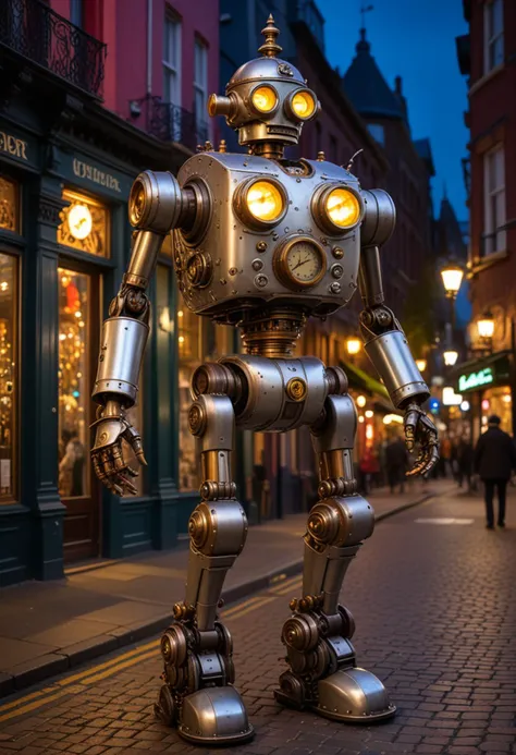 (medium full shot) of complex steampunk robot, aluminum body, with pressure gauges, aviator cap with brass fittings, hydraulic legs, pressure meter, set in  a vibrant Victorian street, with colorful facades, dynamic street performers, modern transportation, and eclectic architecture, at night, Masterpiece,best quality, photo, realistic, very aesthetic