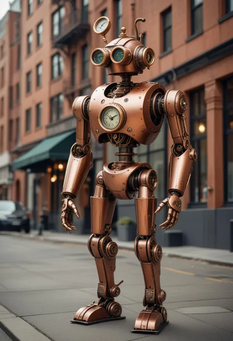 (medium full shot) of elegant steampunk robot, copper body, with equipped with goggles, mechanical monocle, hydraulic legs, compass, set in  a modern steampunk city, with sleek buildings, minimalist design, contemporary touches, artistic decor, and stylish streets, Masterpiece,best quality, photo, realistic, very aesthetic