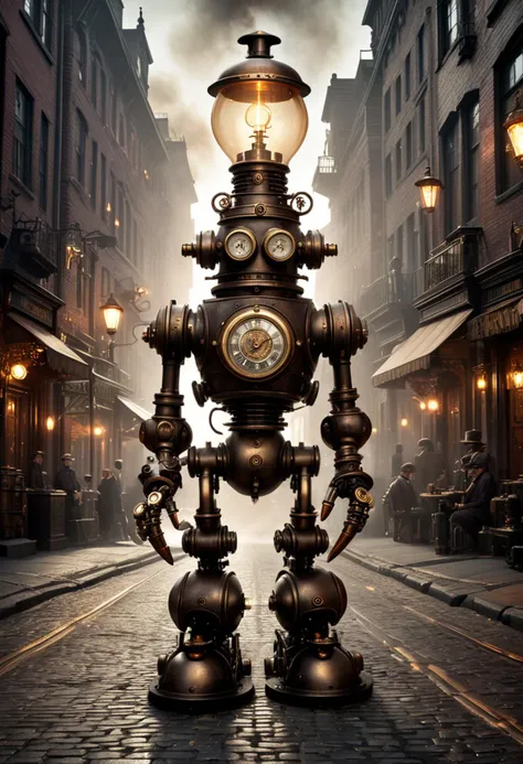 (medium full shot) of vintage steampunk robot, brass body, with steam pipes, top hat with goggles, brass arms, wrench, set in  a bustling steampunk city, with cobblestone streets, towering clocktowers, steam-powered vehicles, and ornate street lamps, ,Masterpiece,best quality, raw photo, realistic, very aesthetic, dark