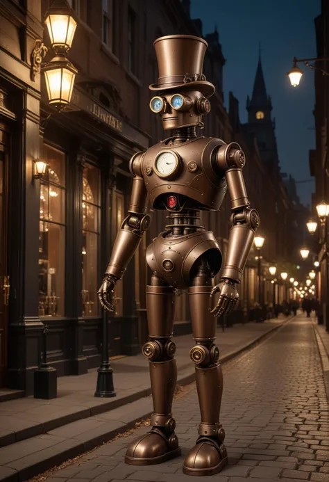 (medium full shot) of elegant steampunk robot, bronze body, with pressure gauges, top hat with goggles, brass arms, pressure meter, set in  a classic Victorian street, offering timeless buildings, elegant street lamps, sophisticated ambiance, vintage decor, and stylish seating, at night, Masterpiece,best quality, photo, realistic, very aesthetic