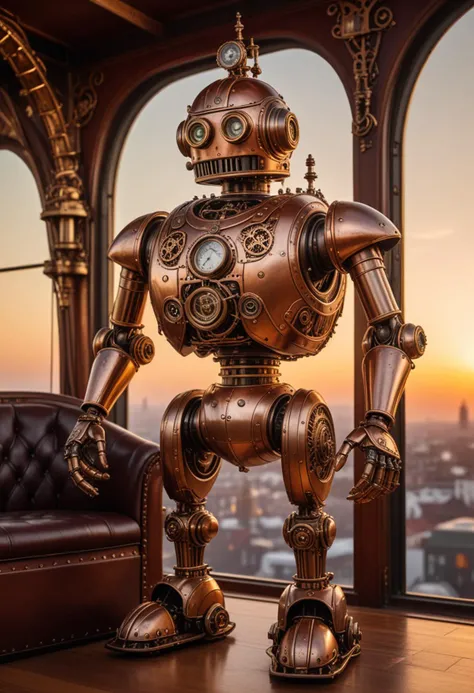 (medium full shot) of antique steampunk robot, copper body, with gearwork, helmet with intricate designs, piston-driven legs, clockwork device, set in an elegant airship, featuring polished brass fittings, intricate ironwork, stylish seating, and sophisticated decor , during sunset, Masterpiece,best quality, photo, realistic, very aesthetic