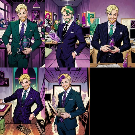 masterpiece, official art, 1boy, male focus, solo, facial hair, necktie, smile, beard, grin, gradient hair, multicolored hair, dyed bangs, blonde hair, purple hair, green hair, purple eyes, green eyes, heterochromia, formal, looking at viewer, prison clothes, striped suit, suit, indoors, office building, in the style of corporate punk, extremely detailed, art by Jack Kirby and Adam Hughes and Terry Dodson, award winning movie poster, in the style of Beetlejuice, because fuck corporations, oh and genocide is evil