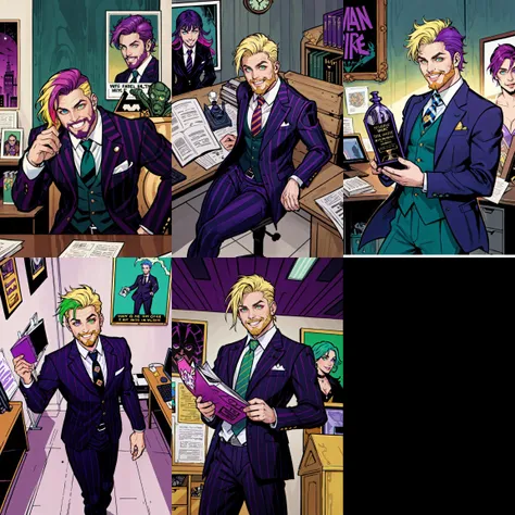 1boy, male focus, solo, facial hair, necktie, smile, beard, grin, gradient hair, multicolored hair, dyed bangs, blonde hair, purple hair, green hair, purple eyes, green eyes, heterochromia, formal, looking at viewer, prison clothes, striped suit, suit, indoors, office building, in the style of corporate punk, extremely detailed, by Jack Kirby, Adam Hughes and Terry Dodson, award winning movie poster, in the style of Beetlejuice, because fuck corporations, oh and genocide is evil