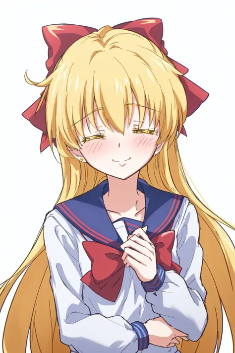 <lora:SM_CRYSTAL:0.9>Crystal Movies Style, 1girl, anime coloring, blonde hair, blue sailor collar, blush, bow, closed eyes, closed mouth, hair bow, long hair, long sleeves, own hands together, red bow, sailor collar, school uniform, serafuku, smile, solo, upper body, white shirt, yellow background