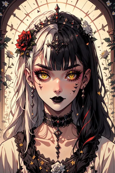 GothlyConcepts, 1girl, solo, long hair, looking at viewer, bangs, black hair, hair ornament, closed mouth, yellow eyes, flower, white hair, multicolored hair, choker, hair flower, blunt bangs, two-tone hair, eyelashes, makeup, rose, facial mark, tiara, lipstick, pale skin, portrait, eyeshadow, straight-on, split-color hair, black flower, gothic, black lips, black rose, masterpiece, best quality , official art ,  <lora:GothConceptV2:0.8>