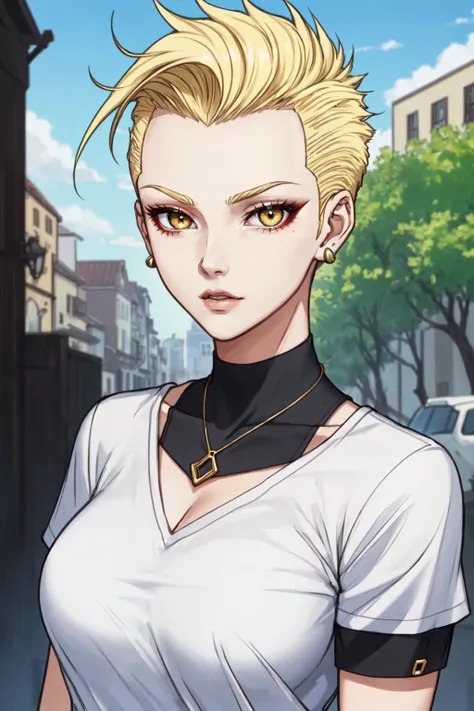 (masterpiece, best illustration, ), 1girl, solo, gold eyes, ((very short hair, blonde hair, faux hawk, extremely short hair:1.1, forehead, slicked back, shaved sides:1.2, buzz cut:1.1)), blonde hair, detailed eyes, extremely short hair:1.5, short sleeves, large breasts, covered, black shirt, necklace, outdoors, upper body, portrait, stud earrings, colored scelera, black sclera