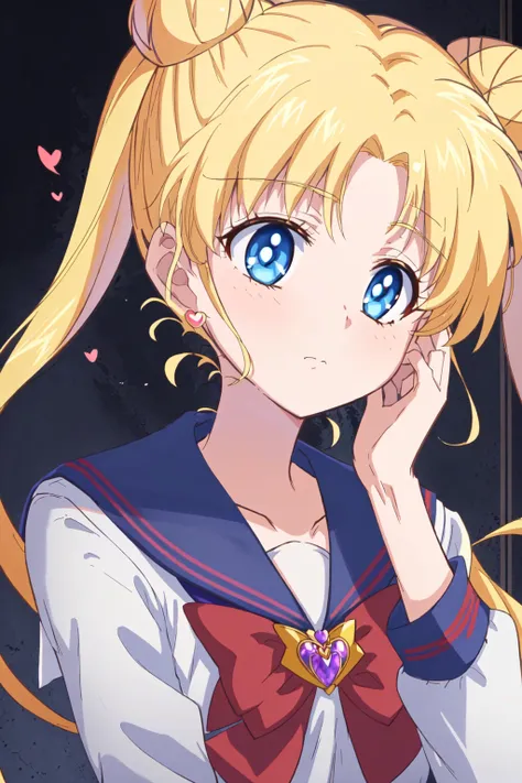 <lora:SM_CRYSTAL:0.9> Crystal Movies Style, 1girl, anime coloring, blonde hair, blue eyes, blue sailor collar, bow, brooch, double bun, hair bun, hand on another's face, heart brooch, jewelry, out of frame, red bow, sailor collar, school uniform, serafuku, solo focus, twintails, upper body