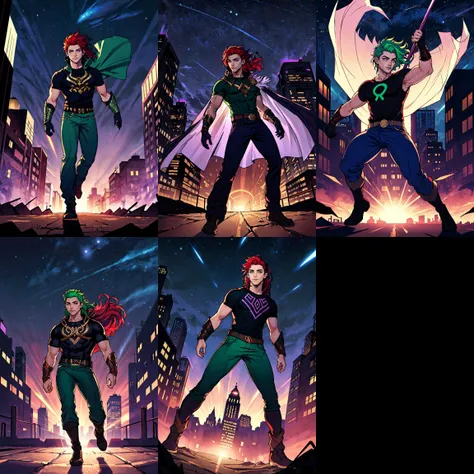 (masterpiece, best quality, ultra-detailed, highres, best illustration), 1boy, solo, (male focus:0.8), transgender male, (masculine:0.7), (norse god loki), two tone hair, red hair, green hair, short hair, heterochromia, purple eyes , side lighting, lustrous skin, (shine), (shiny skin), ray tracing, tshirt, pants, wind swept hair, detailed hair, detailed face, depth_of_field, very detailed background, extreme light and shadow, (detailed eyes), perfect anatomy, Floating, dynamic angle, wide shot, full body, city scape, extreme light and shadow, night sky
