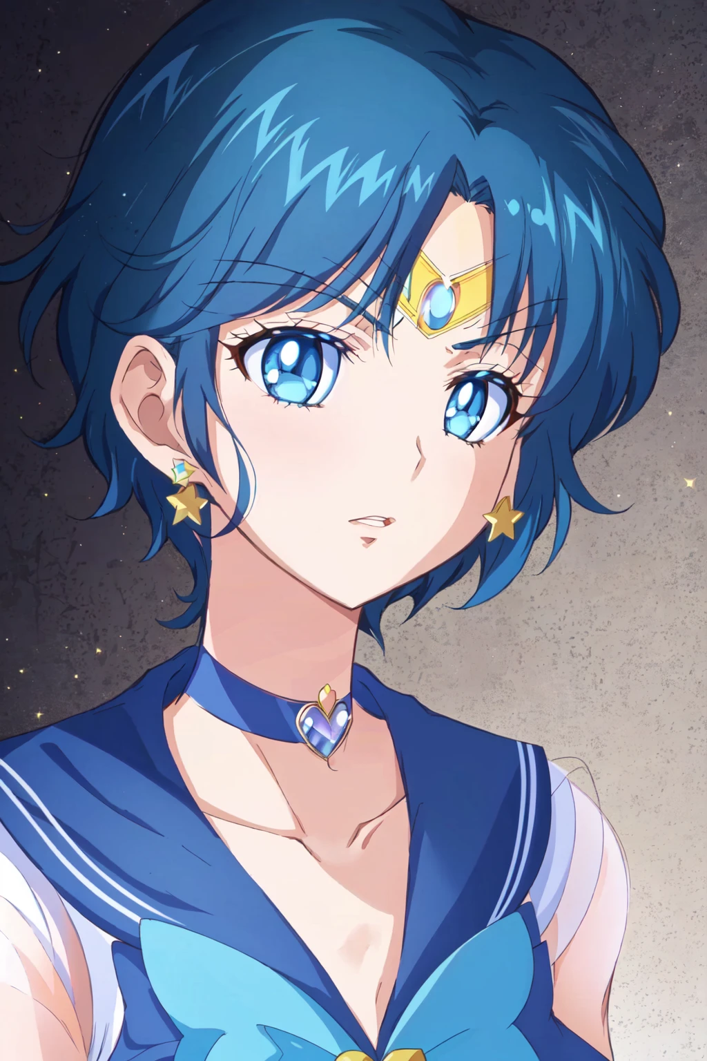<lora:SM_CRYSTAL:0.9> Crystal Movies Style, 1girl, anime coloring, blue choker, blue eyes, blue hair, blue sailor collar, choker, circlet, collarbone, earrings, jewelry, magical girl, meme, parted bangs, parted lips, portrait, sailor collar, sailor senshi uniform, short hair, solo, star (symbol), upper body