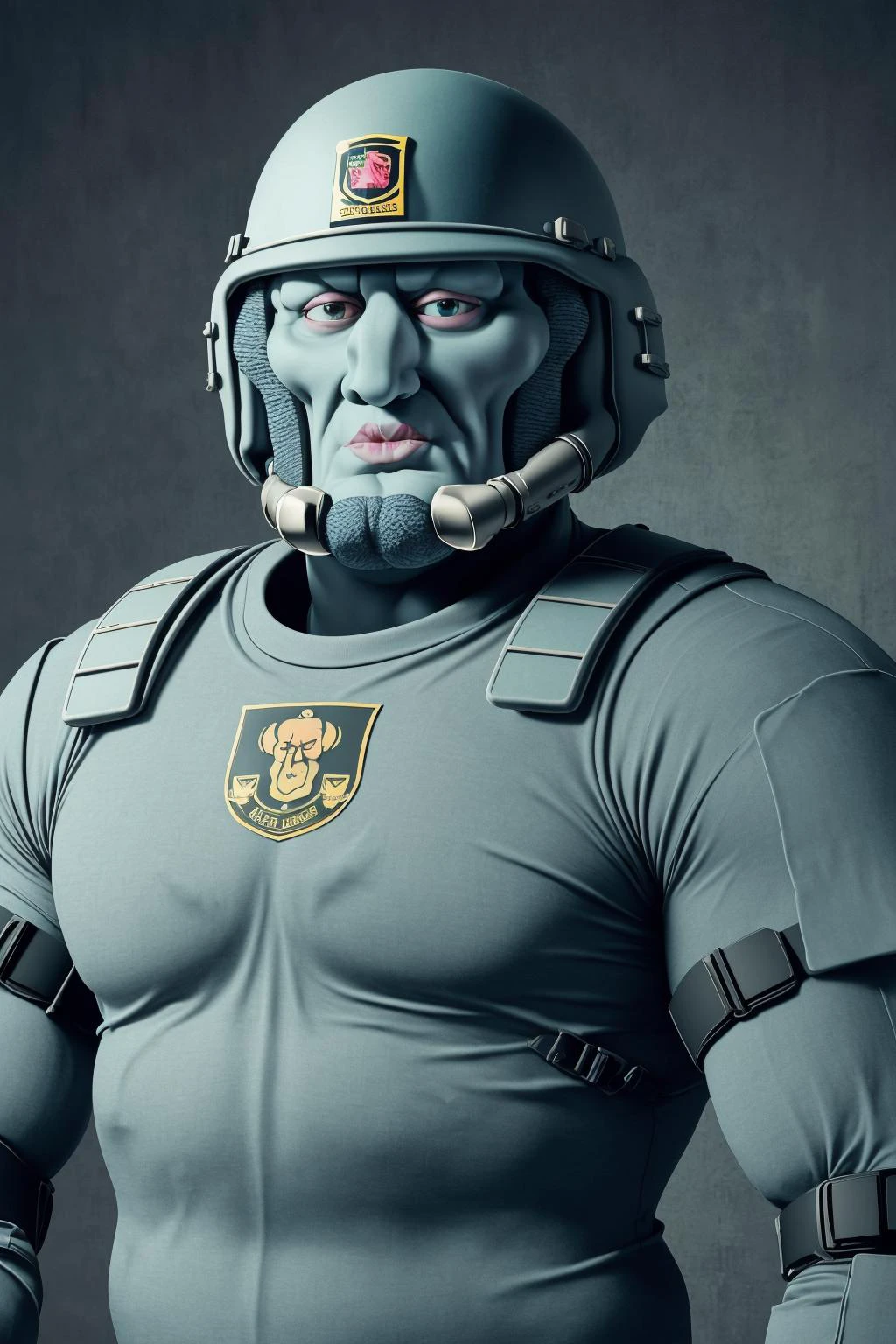 best quality, cinematic uhd highres 8k unity wallpaper raw photo, (Handsome-squidward, Handsome squidward:1.25), (serious manly handsome-squidward face, somber manly handsome-squidward face:1.2), full body shot:1.4, (ultra detailed heavy duty bomb disposal squad armor, helmet, chest plating:1.2), (blue skin, blue, pink lips:1.1) <lora:handsome-squidward:1>