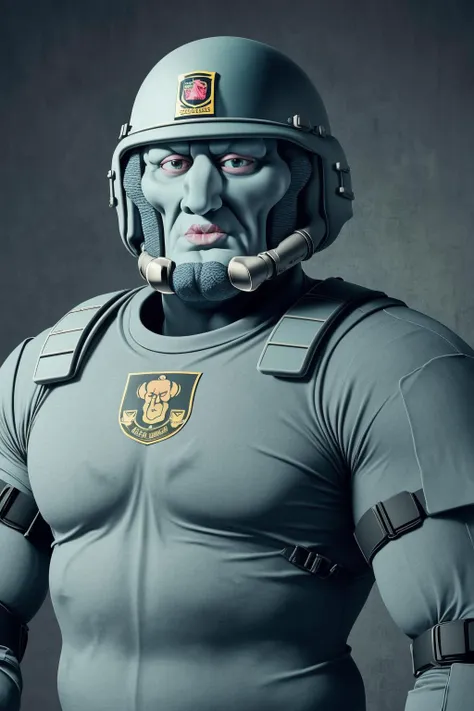 best quality, cinematic uhd highres 8k unity wallpaper raw photo, (Handsome-squidward, Handsome squidward:1.25), (serious manly handsome-squidward face, somber manly handsome-squidward face:1.2),  full body shot:1.4, (ultra detailed heavy duty bomb disposal squad armor, helmet, chest plating:1.2), (blue skin, blue, pink lips:1.1) <lora:handsome-squidward:1>