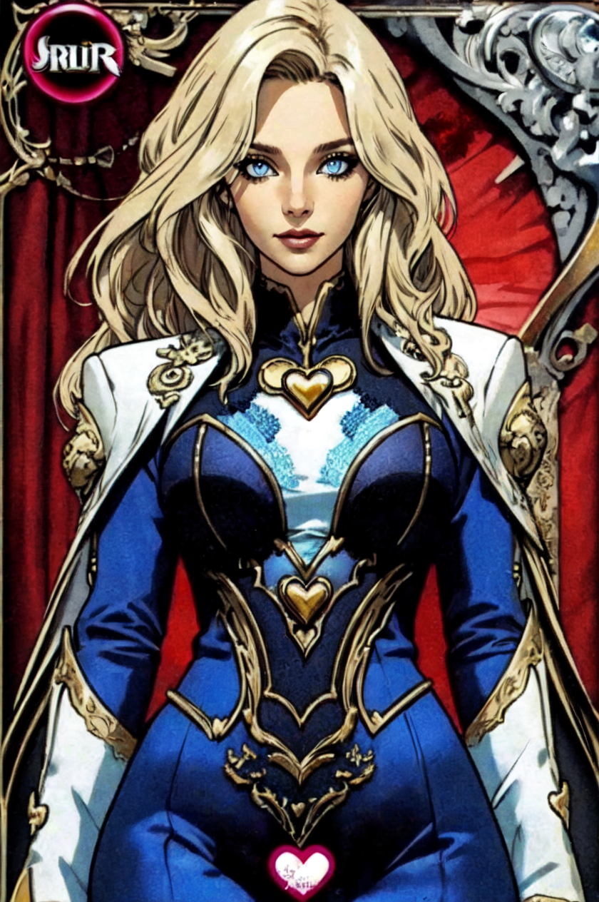A close up of a woman in a blue suit with a sword - SeaArt AI