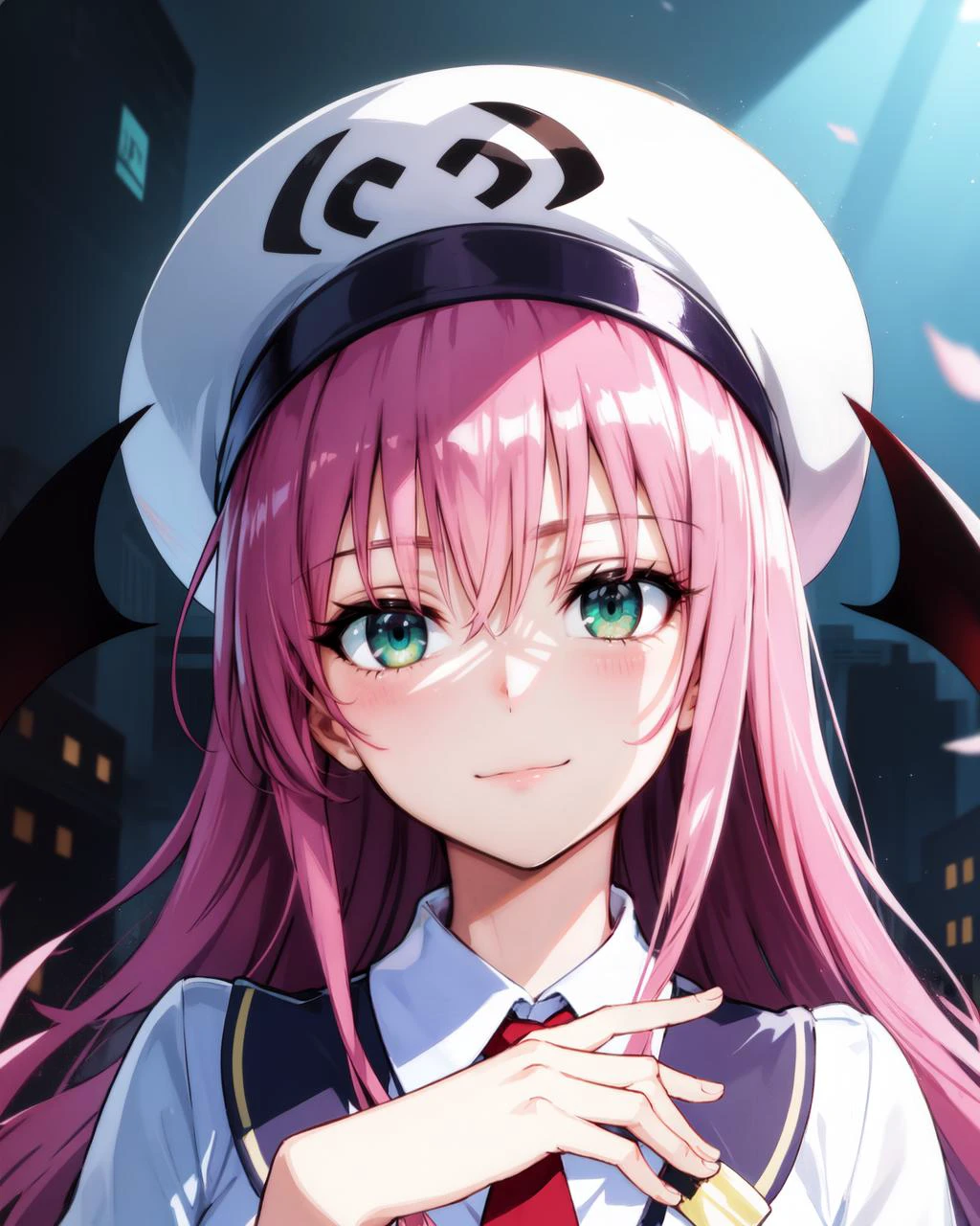 masterpiece, best quality, absurdres, 1girl, aalala, long hair, hat, white headwear, head wings, green eyes, pink hair, breasts, <lora:lala_satalin_deviluke_v1:0.7>, <lora:age_slider_v2:0.5>, <lora:breastsizeslideroffset:0>, looking at viewer, (detailed eyes, tsurime:1.1) <lora:Tsurime:0.75>, (closed mouth:1.3), light smile, <lora:smile_slider:0.8>, nice hands, perfect hands, (Beautiful Finger), __Places/School__,
,
BREAK (Deep Depth Of Field), (perfect anatomy), Portrait, <lora:NoChichiBukuro:2> <lora:EraseGroinSkirt:1>, Volumetric Lighting, <lora:GoodHands-beta2:1>