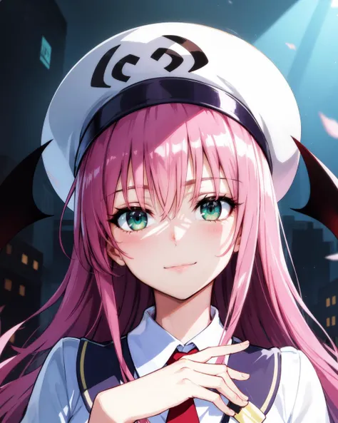 masterpiece, best quality, absurdres, 1girl, aalala, long hair, hat, white headwear, head wings, green eyes, pink hair, breasts, <lora:lala_satalin_deviluke_v1:0.7>, <lora:age_slider_v2:0.5>, <lora:breastsizeslideroffset:0>, looking at viewer, (detailed eyes, tsurime:1.1) <lora:Tsurime:0.75>, (closed mouth:1.3), light smile, <lora:smile_slider:0.8>, nice hands, perfect hands, (Beautiful Finger), __Places/School__,
,
BREAK (Deep Depth Of Field), (perfect anatomy), Portrait, <lora:NoChichiBukuro:2> <lora:EraseGroinSkirt:1>, Volumetric Lighting,  <lora:GoodHands-beta2:1>