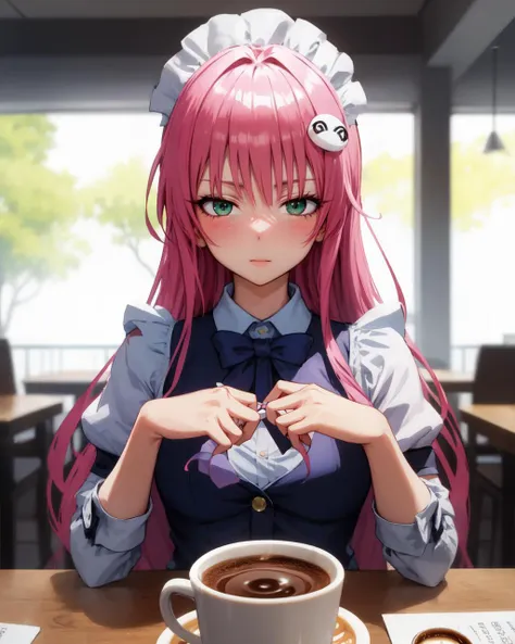 masterpiece, best quality, absurdres, aalala, long hair, ahoge, hair ornament, green eyes, pink hair, breasts, <lora:lala_satalin_deviluke_v1:0.7>, <lora:age_slider_v2:0.5>, <lora:breastsizeslideroffset:0>, (looking at viewer), (half-closed eyes:0.5), <lora:half-closed eyes:0.6>, (detailed eyes, tsurime:1.1) <lora:Tsurime:0.75>, expressionless eyes, (closed mouth), (expressionless:1.3), nice hands, perfect hands, (Beautiful Finger), maid, , maid apron, __Clothes/Cutout__,
BREAK  maid cafe, coffee mill, coffee maker, hot coffee, table, sharp focus, (perfect anatomy),  Medium Full shot, Volumetric Lighting,  <lora:GoodHands-beta2:1>