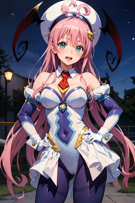 masterpiece, best quality, highres, aalala, long hair, hat, white headwear, head wings, green eyes, breasts, red necktie, white bodysuit, white leotard, puffy sleeves, white gloves, showgirl skirt, blue pantyhose, <lora:lala_satalin_deviluke_v1:0.7>, hand on hip, smile, open mouth, standing, outdoors, night, bare shoulders, brown pantyhose, bowtie, rabbit ears, red bow, leotard, wrist cuffs, strapless, detached collar, fake animal ears, playboy bunny, red bowtie, leotard, strapless leotard, elbow gloves
