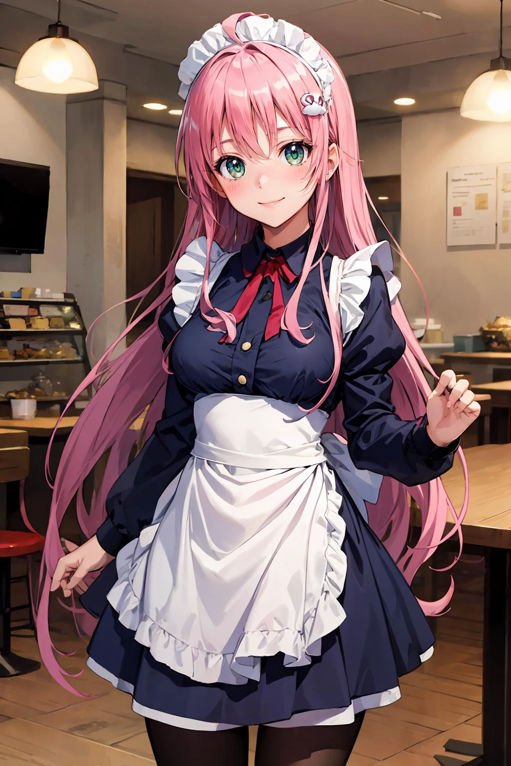 (masterpiece), best quality, (((ultra detailed, 8k quality))), expressive eyes, perfect face, perfect anatomy, perfect bodyaalala, long hair, ahoge, hair ornament, green eyes, breasts, <lora:lala_satalin_deviluke_v1:0.7>, aalala, long hair, maid headdress,long hair,maid,dress,waitress,long sleeves,apron,blue skirt,black pantyhose,indoors,cafe,standing,cowboy shot,smile,