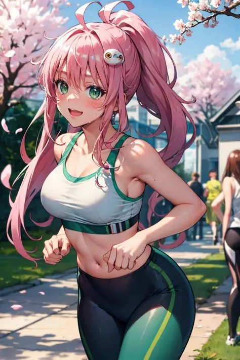 (masterpiece), best quality, (((ultra detailed, 8k quality))), expressive eyes, perfect face, perfect anatomy, perfect bodyaalala, long hair, ahoge, hair ornament, green eyes, breasts, <lora:lala_satalin_deviluke_v1:0.7>, aalala, long hair, ahoge, hair ornament, green eyes, breasts,
sports bra,(leggings:1.2),outdoors,cherry blossoms,smile,sweat,running,ponytail,