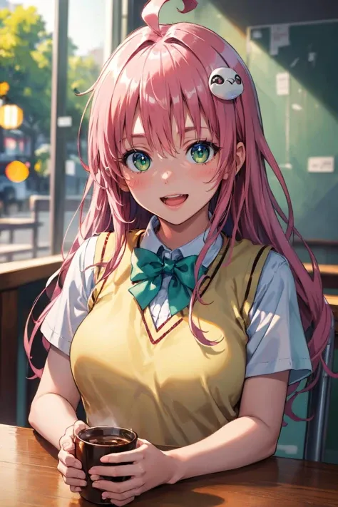 (masterpiece), best quality, (((ultra detailed, 8k quality))), expressive eyes, perfect face, perfect anatomy, perfect bodyaalala, long hair, ahoge, hair ornament, green eyes, breasts, <lora:lala_satalin_deviluke_v1:0.7>, aalala, long hair, ahoge, hair ornament, green eyes, breasts, school uniform, green bowtie, collared shirt, white shirt, sweater vest, yellow vest, short sleeves, plaid skirt, green skirt, (depth ffield, bokeh, UHD, HDR, highres, ultra detailed, intricate details, absurdres, 8k:1.2), (perfect anatomy), open mouth, upper tooth, smile, , sitting, table, chair, coffee shop, holding coffee cup, doughnut, food, smile,