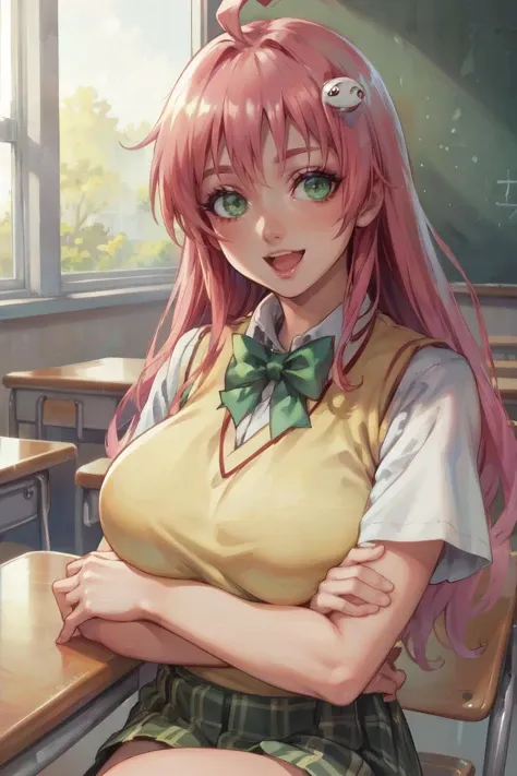 (masterpiece, best quality, ultra detailed, beautiful illustration), atmospheric perspective, depth of field, looking at viewer, beautiful detailed eyes, anime eyes:1.4, (portrait, close-up:1.2), sexy pose, martial arts, dynamic angle, (indoors, classroom, sitting on desk, crossed legs), 1girl, :d, (huge breasts:1.2), <lora:lala_satalin_deviluke_v1:0.8>, aalala, long hair, ahoge, hair ornament, green eyes, breasts, school uniform, green bowtie, collared shirt, white shirt, sweater vest, yellow vest, short sleeves, plaid skirt, green skirt