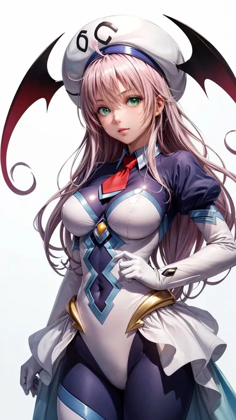 (1girl, solo, masterpiece, 4k, best quality:1.2, ((cowboy shot)), best quality:1.2, NICE HANDS, COLORFUL, (perfect hands, perfect anatomy)),
aalala, long hair, hat, white headwear, head wings, green eyes, breasts, red necktie, white bodysuit, white leotard, puffy sleeves, white gloves, showgirl skirt, blue pantyhose,
((medium breasts, big hips, looking at the viewer)),
((simple background, white background)),