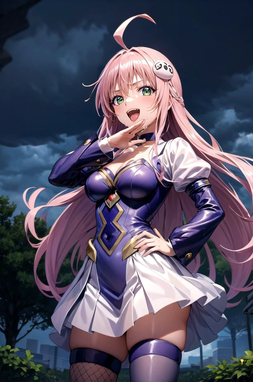 (masterpiece, best quality, detailed), 1girl, solo, looking at viewer, aalala, long hair, ahoge, hair ornament, green eyes, breasts,
tailcoat, fishnet top, single thighhigh, single sleeve, medical eyepatch, purple ribbon, choker, single glove, glowing eye, bandaged arm, outdoors, lightning, rain, cloudy sky, wet, storm, wind, <lora:OjouSamaPose:1>, ojou-sama pose, laughing, hand on hip, naughty face, smug,