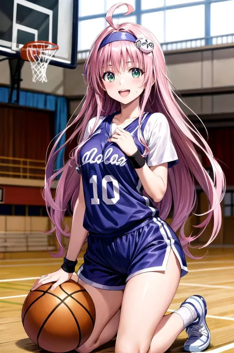 (masterpiece, best quality, detailed), 1girl, solo, looking at viewer, aalala, long hair, ahoge, hair ornament, green eyes, breasts, 
basketball jersey, shorts, sweatband, headband, wristband, basketball, <lora:school_gym_v0.1:1>, school gym, kneeling, hand on own chest, smile, open mouth