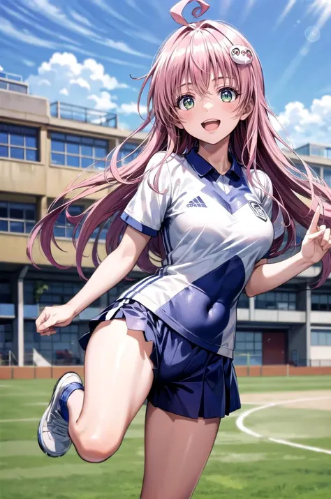 (masterpiece, best quality, detailed), 1girl, solo, looking at viewer, aalala, long hair, ahoge, hair ornament, green eyes, breasts, 
<lora:Soccer Uniform By Stable Yogi:0.5>, soccer uniform, <lora:school_yard_v0.1:1>, school yard, field, <lora:standing_split:0.9> standing split, standing on one leg, smile, open mouth