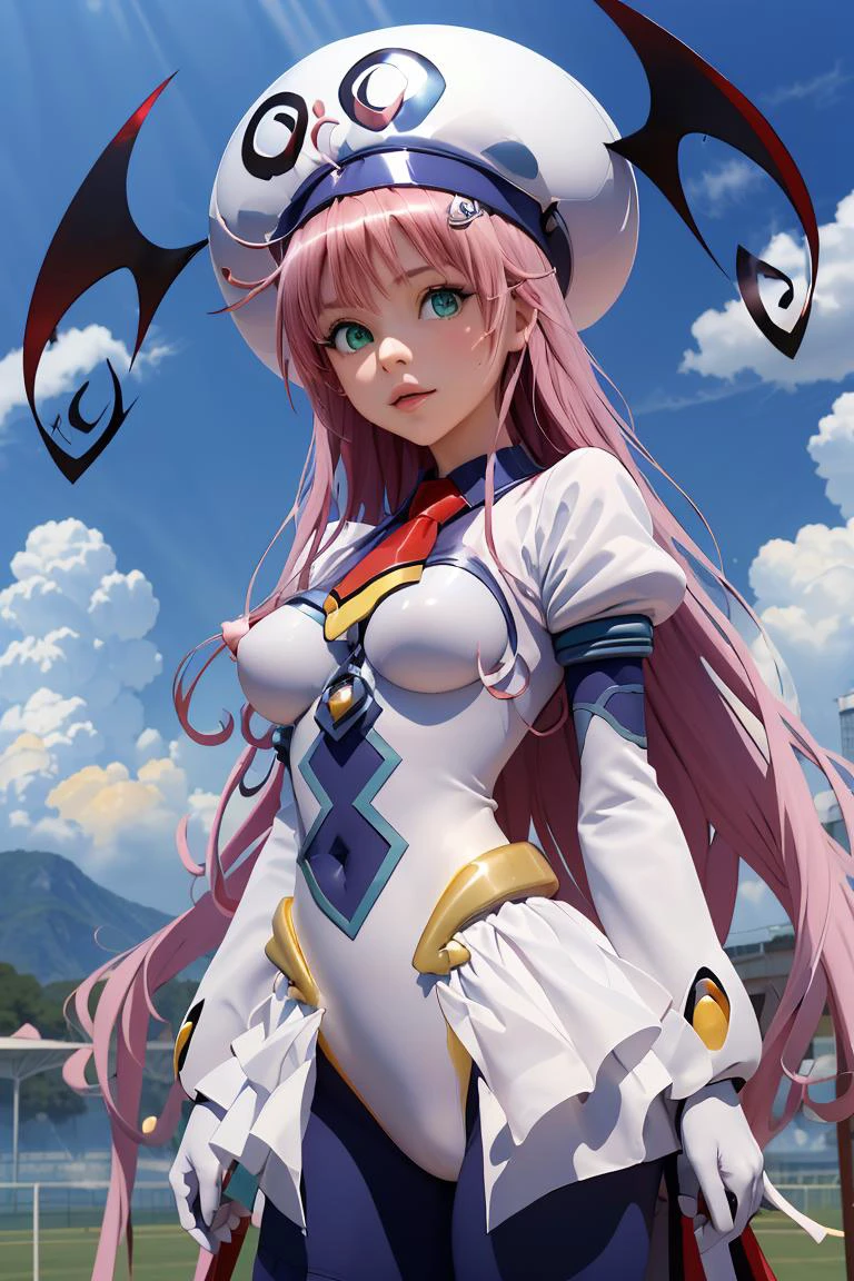 (masterpiece, best quality), 1girl, <lora:lala_satalin_deviluke_v1:1> aalala, long hair, hat, white headwear, head wings, green eyes, breasts, red necktie, white bodysuit, white leotard, puffy sleeves, white gloves, showgirl skirt, blue pantyhose
