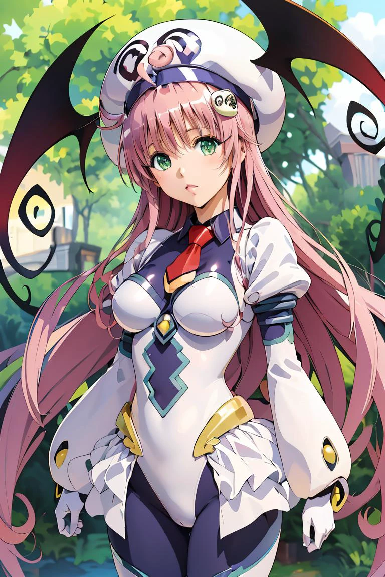 (masterpiece, best quality), 1girl, <lora:lala_satalin_deviluke_v1:1> aalala, long hair, hat, white headwear, head wings, green eyes, breasts, red necktie, white bodysuit, white leotard, puffy sleeves, white gloves, showgirl skirt, blue pantyhose