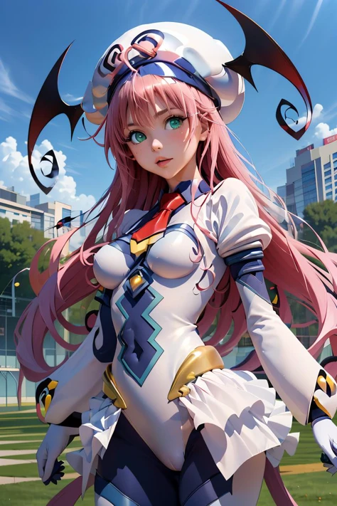 (masterpiece, best quality), 1girl, <lora:lala_satalin_deviluke_v1:1> aalala, long hair, hat, white headwear, head wings, green eyes, breasts, red necktie, white bodysuit, white leotard, puffy sleeves, white gloves, showgirl skirt, blue pantyhose