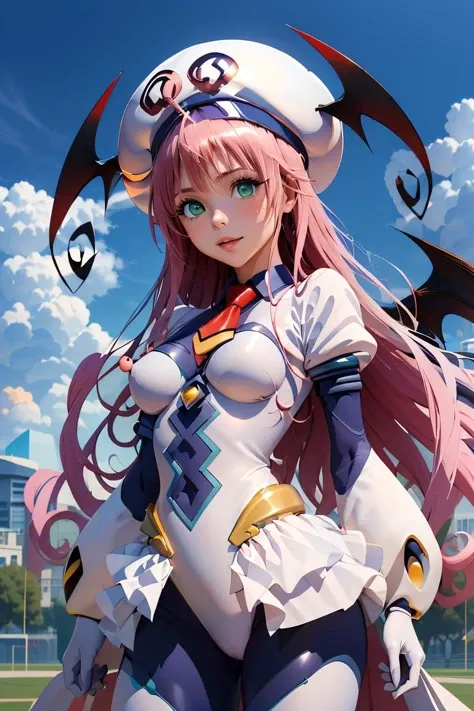 (masterpiece, best quality), 1girl, <lora:lala_satalin_deviluke_v1:1> aalala, long hair, hat, white headwear, head wings, green eyes, breasts, red necktie, white bodysuit, white leotard, puffy sleeves, white gloves, showgirl skirt, blue pantyhose